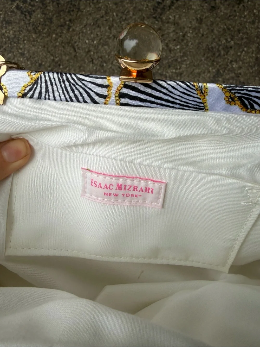 Isaac Mizrahi White Satin Shell-Print Clutch with Gold Chain